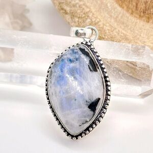 FLASHY Rainbow Moonstone & Black Tourmaline Sterling Silver Gemstone Pendant